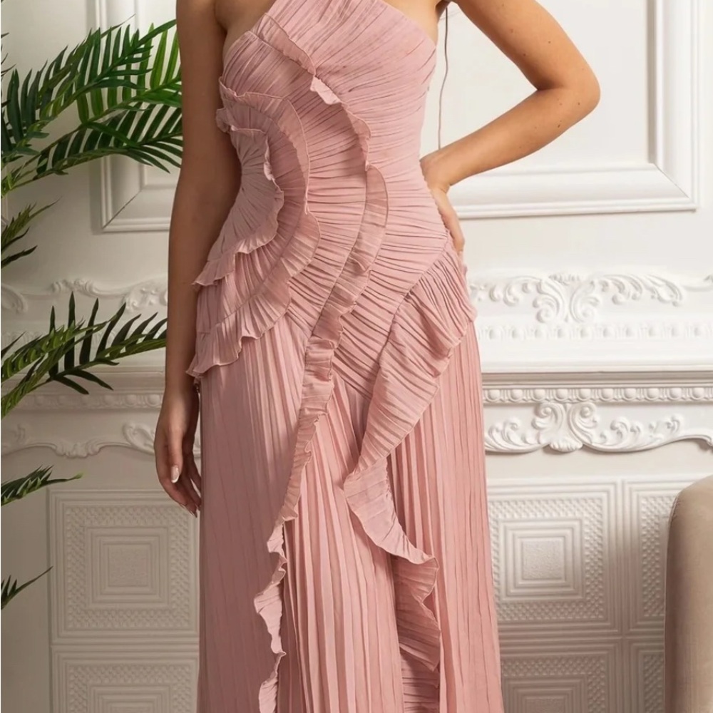 Chic One Shoulder Pink Pleated Dress